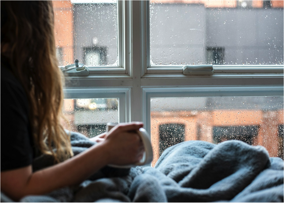 Woman looking out Classic mahogany wooden blinds in a fall-themed living room