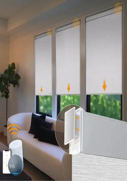 Warm-toned coastal cellular shades controlled by home automation