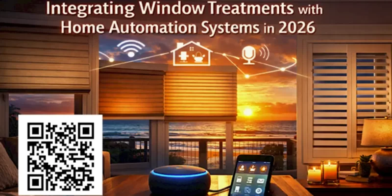 Smart motorized blinds in a Sussex County home living room at dusk